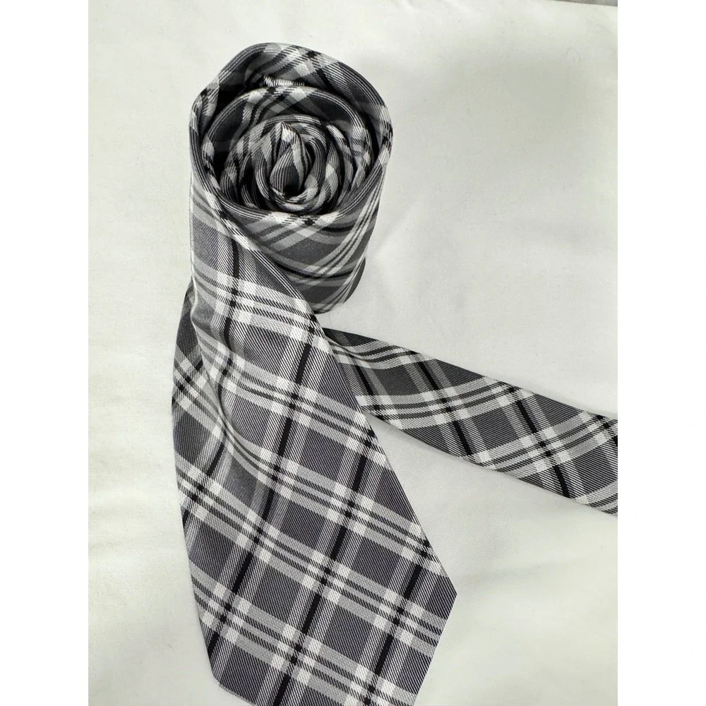 La Vita Di Moda Mens Silk Necktie Grey Black White Plaid Check Handmade Tie NWOT